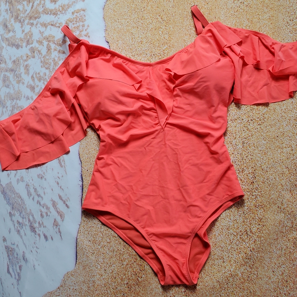 NICOLE MILLER Ruffled Cold Shoulder One-piece Swimsuit In Living Coral